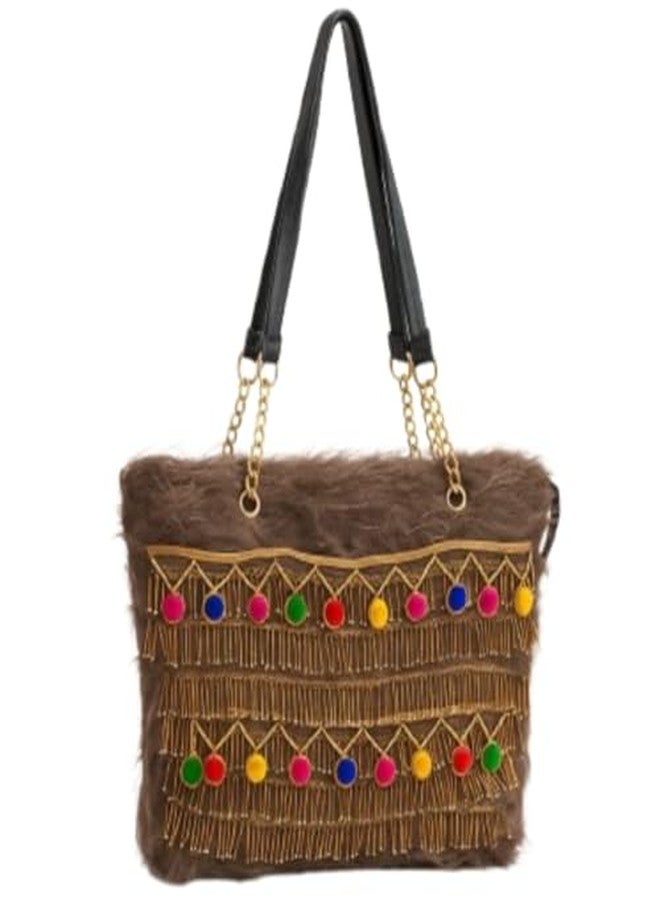 VINNIE Trendy Faux Fur Handbag for Women & Girls - Single Compartment Furry Shoulder Bag with Embroidery Lace & Chain Handles (Brown) - Image 2